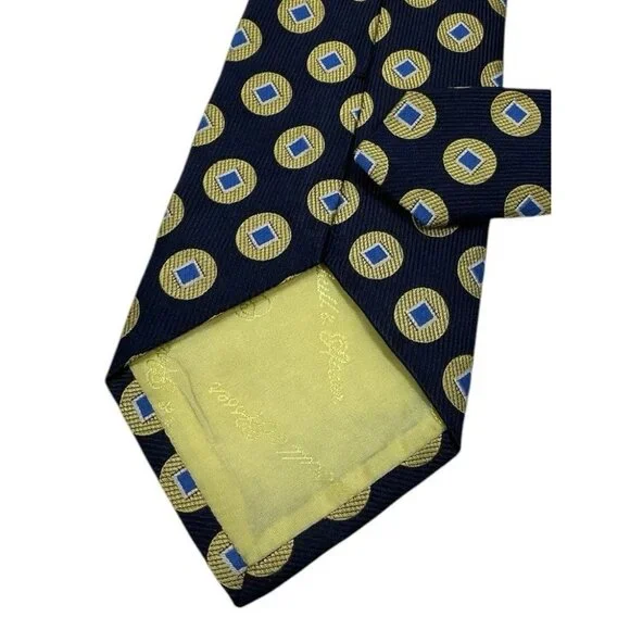 TURNBULL & ASSER Men's Silk Necktie LUXURY Navy Yellow Medallion W:3.6" EUC - Picture 4 of 4